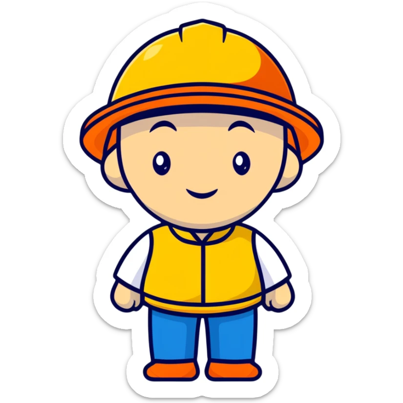 Man of Chinese appearance wearing an orange helmet with a yellow hat visible sticker