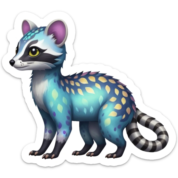 Rare iridescent white exotic epic aesthetic colorful Trico-Civet-species-Fakemon-hybrid-creature, with intricate tattoo markings, full body sticker