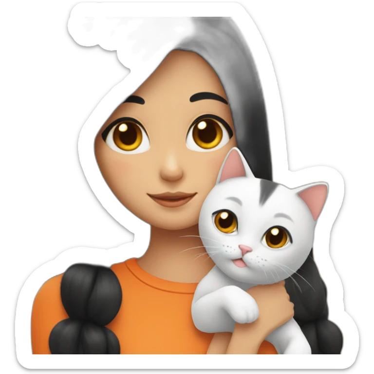 Girl with black hair parted in the middle holds an orange cat sticker