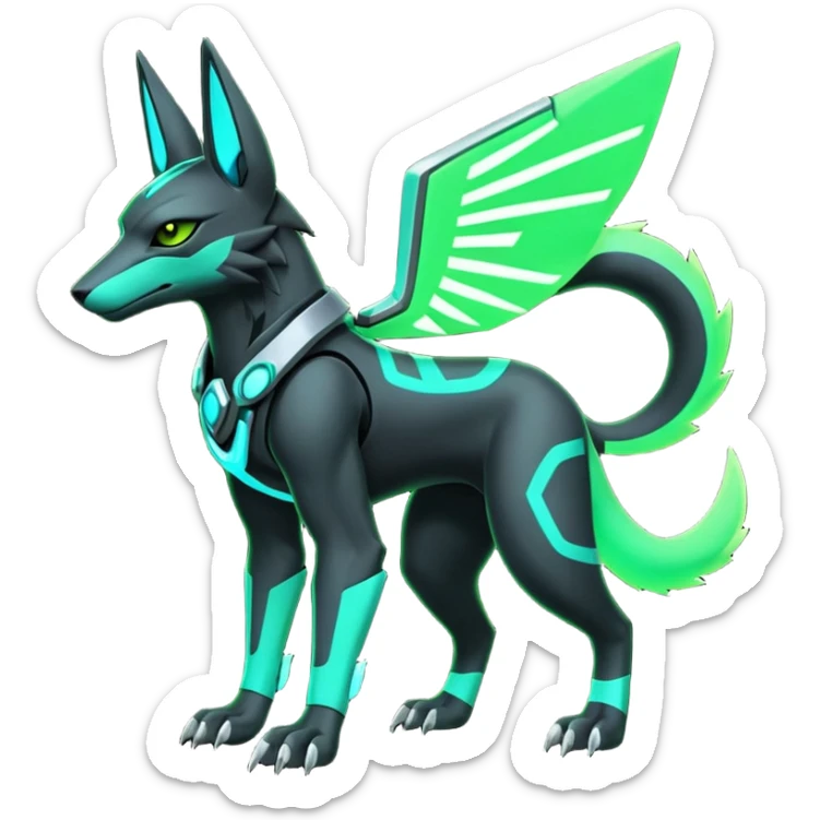 Black and green cyberpunk intricate neon glowing grey white futuristic cyborg-Anubis-Hermanubis-Zeraora-Zoroark-Umbreon-Litten-Salandit-fusion (full body) sticker