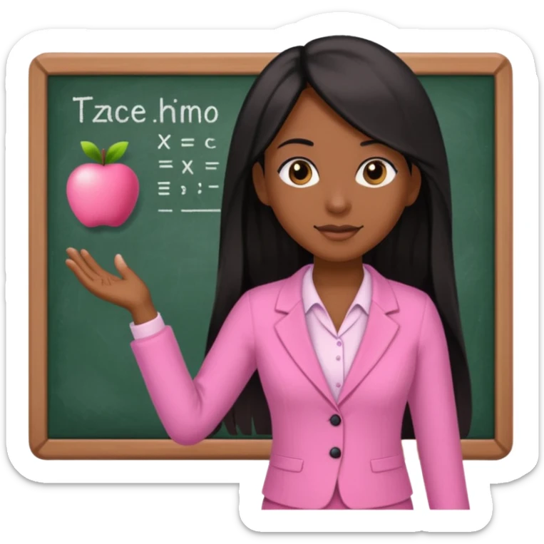 a brown skin teacher with hair with black straight long hair wearing pink not hot pink 2 piece set teaching up on a board sticker