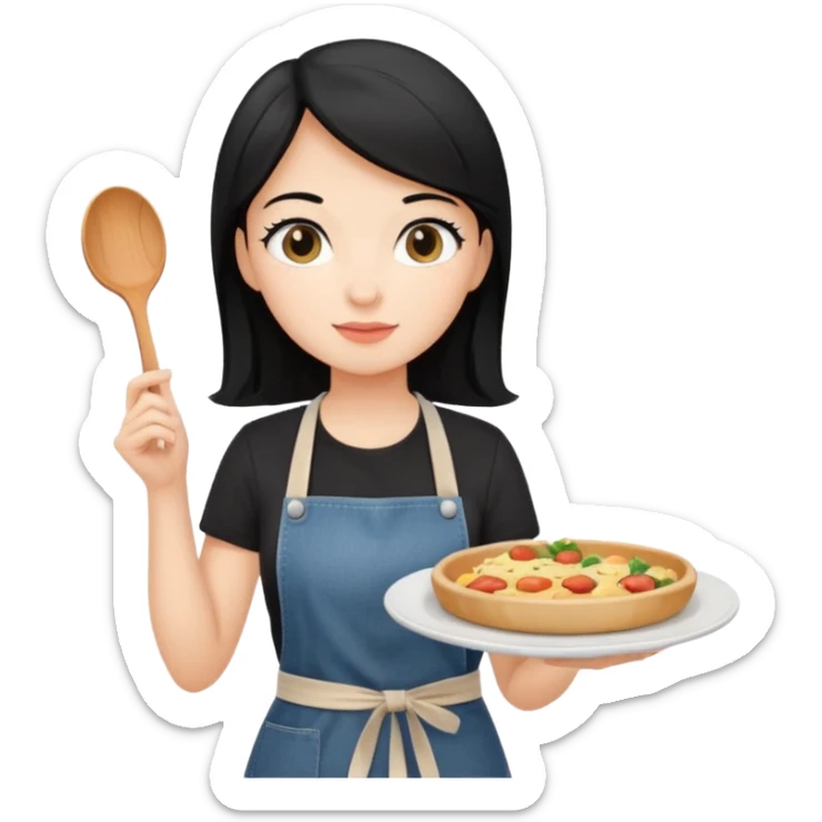 waitress with black hair and a food plate with a black tshirt and ª jeans apron. with a bigger plate and the plate with a cover  sticker