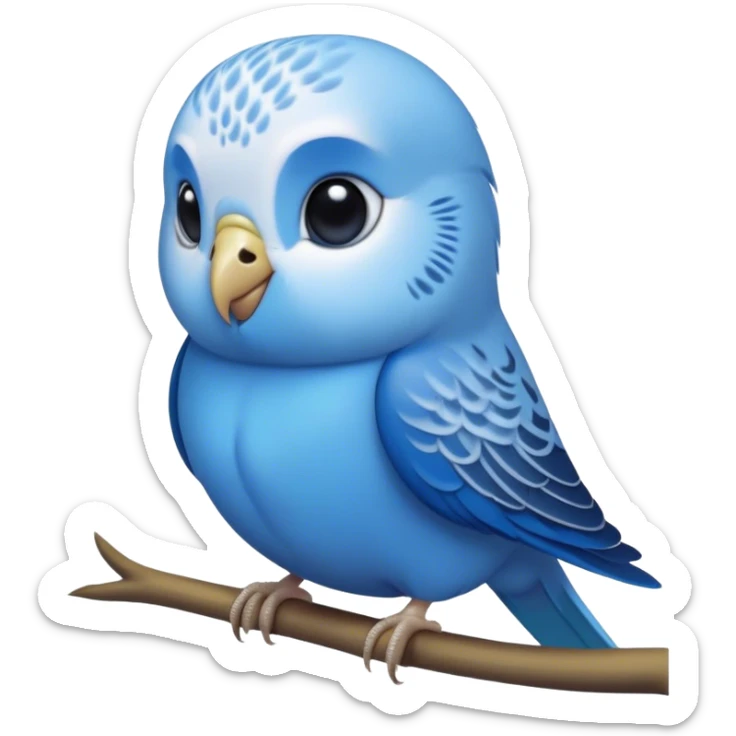 Cinematic Noble Blue Budgie Portrait Emoji, Poised and regal, with a petite, delicate build and a smooth, well-groomed fur of vibrant blue feathers, deep-set soulful dark eyes, Simplified yet sharp and sophisticated features, highly detailed, glowing with a soft, dignified glow, high shine, intelligent and charming, stylized with an air of elegance, focused and attentive, soft glowing outline, capturing the essence of a watchful and confident avian companion, so majestic it feels as though it could flutter out of the screen with effortless authority! sticker