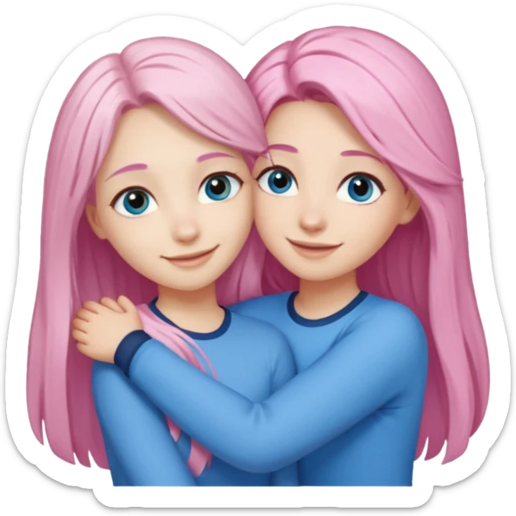 four white grips hugging and smiling    2 girls with brown eyes and long dark brown hair. One girl with long light pink hair and blue eyes, one girl with blue eyes and light blonde hair sticker