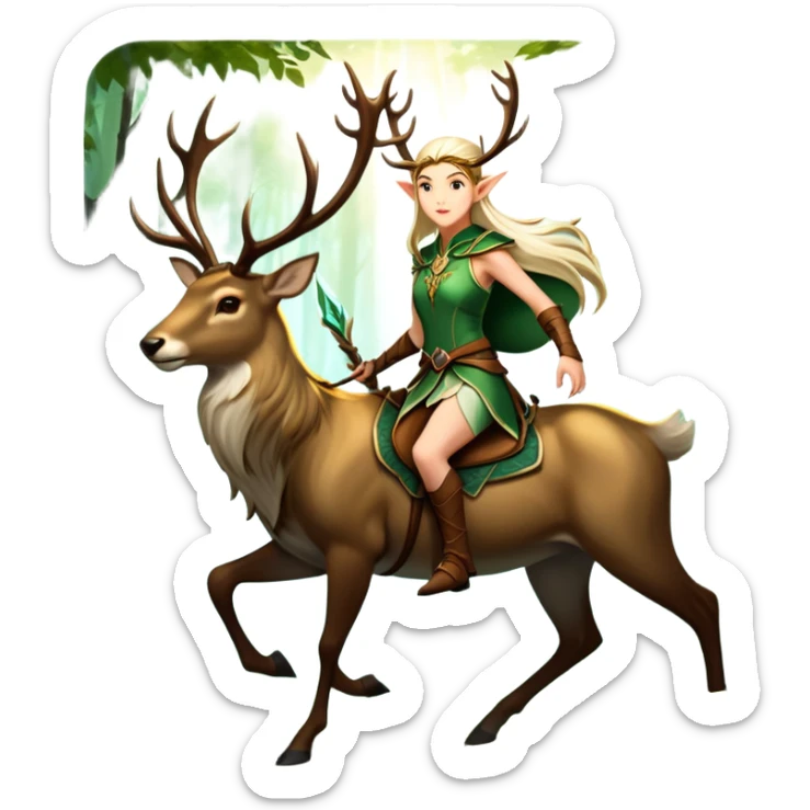 An icon representing an adventure game, inspired by high-fantasy RPGs. The design features a swift and agile elven ranger riding a majestic stag through an ancient forest, its antlers glowing faintly with mystical energy. Sunlight filters through towering trees, creating a sense of mystery, nature, and adventure. Transparent background. sticker