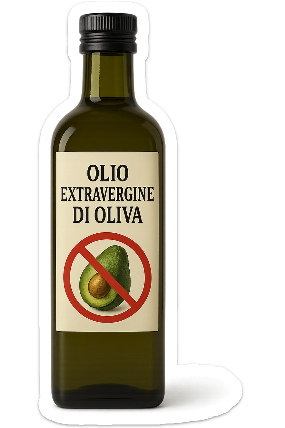 BOTTIGLIA DI OLIO EVO CON LA SCRITTA "OLIO EXTRAVERGINE DI OLIVA" SULL'ETICHETTA E AVOCADO CON DIVIETO SOPRA,  iperrealistico 4k sticker