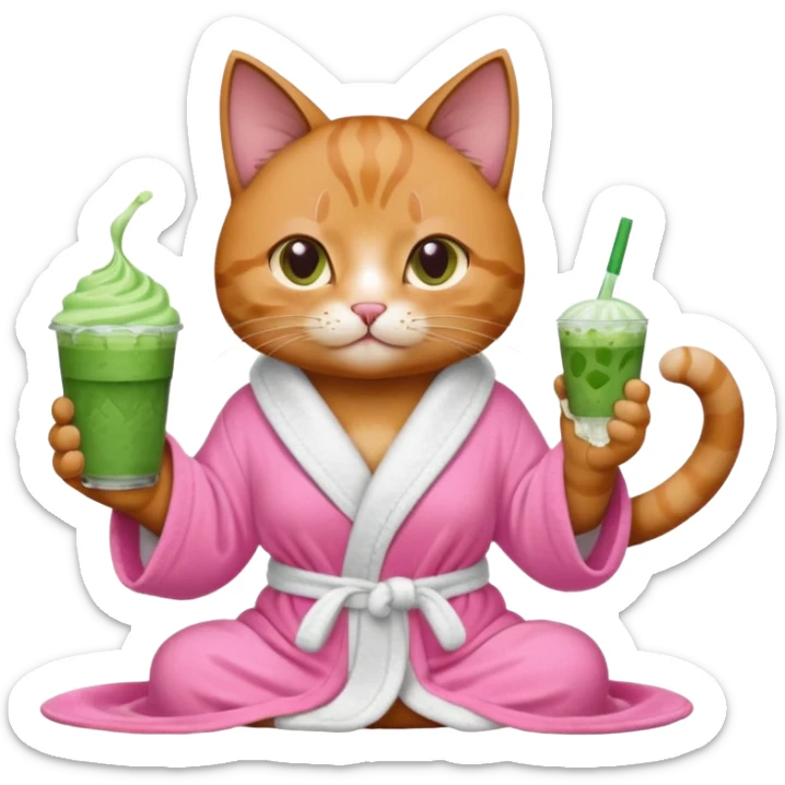 I want a CAT whit a iced macha on her paw and i want her to ne wearing a pink bath rope sticker