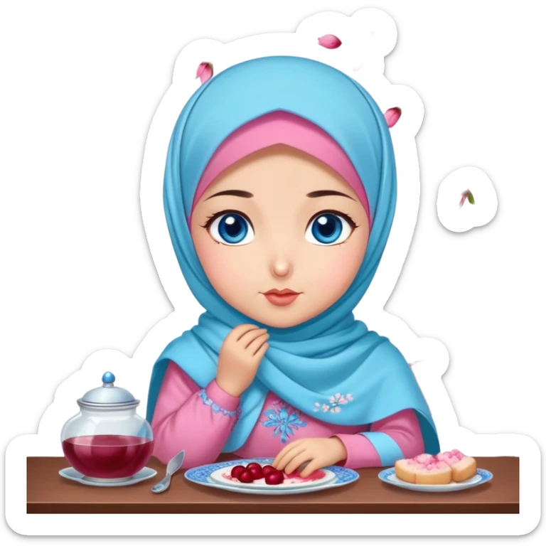 Turkish beautiful finish Konya girl blue eyes with cherry blossom floral pink and baby blue hijab islamic dress and with yummy Drooling face on the table sticker
