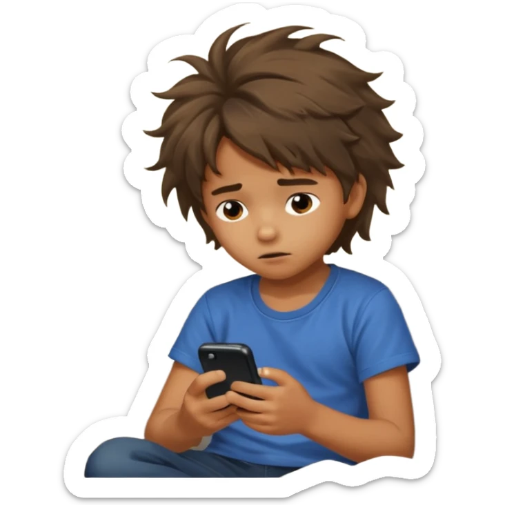 un niño de entre 3 - 10 años jugando con su celular, cansado en una habitacion apagada sticker