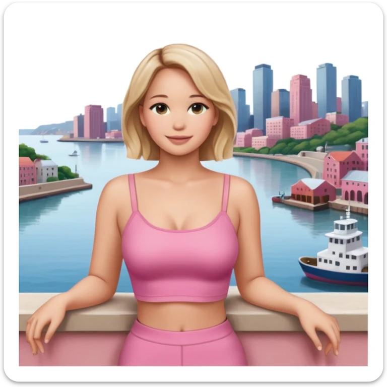 jennifer lawrence, pink crop top leaning on a balcony with a harbor and cityscape in the background, smiling sticker