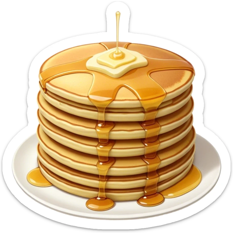 Cinematic fluffy golden pancakes, stacked high, drizzled with maple syrup, topped with fresh butter melting on top, light dusting of powdered sugar, warm and inviting, soft glow and mouthwatering. sticker