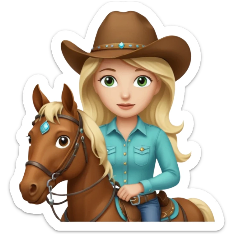 one blonde with light blue green eyes cowgirl on a horse sticker