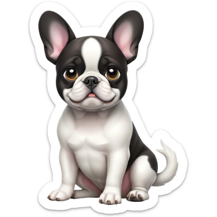 cinematic-[french bulldog]-realistic-full-body-sitting-emoji,-tail-resting-loosely-beside-its-paws,-head-tilted-dramatically,-sleek-[black ant white pied]-fur,-simplified-yet-realistic-focused-features,-highly-detailed,-glowing-with-an-almost-sarcastic-glow sticker