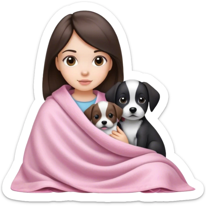 a brunette straight hair girl with a black and white dog with a baby pink blanket sticker