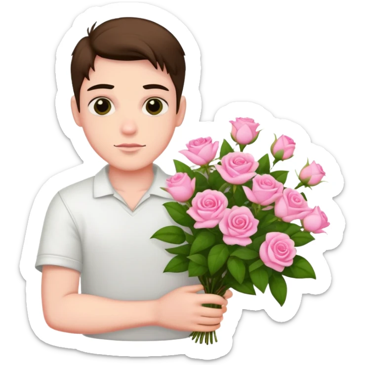 A cool bad boy with fair skin holding a bouquet of pink jasmine roses sticker