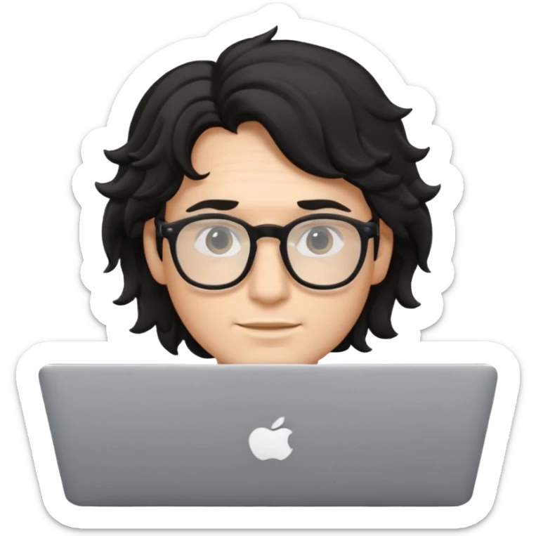 guy with wavy black hair and skin tone a little bit white and glasses, with a macbook sticker