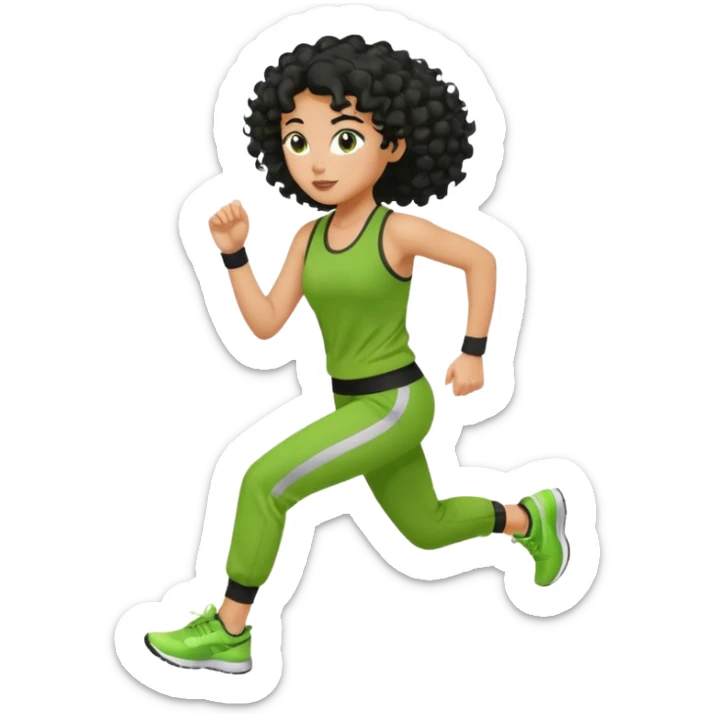 a woman with olive skin tone and curly black hair wearing green and jogging sticker