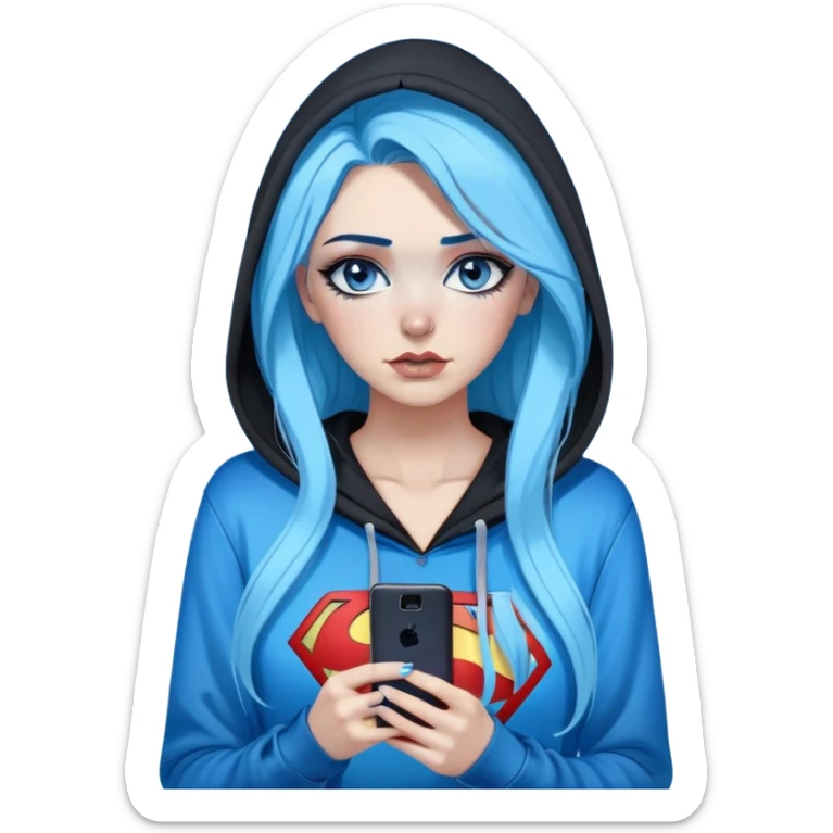 Female-big tears-Very tall-very very very large chest-texting on a samsung cell phone-very long straight black to sky blue hair ombre-blue eyes-black eyeliner-long eyelashes-hoodie with glitter superman logo-leggings-lippierced sticker