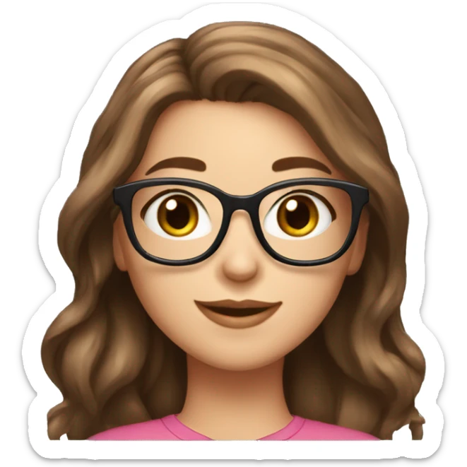 a beautiful girl, cute girl, brown hair, cute face, pink cheeks, hazel eyes, long hair, smiling, hearts on side, emoji, glasses,  white skin, black glasses sticker