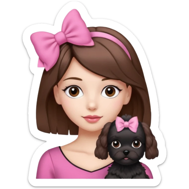 brown haired beautiful girl with a coquette hair accessory and a cute black Maltese dog, pink theme sticker