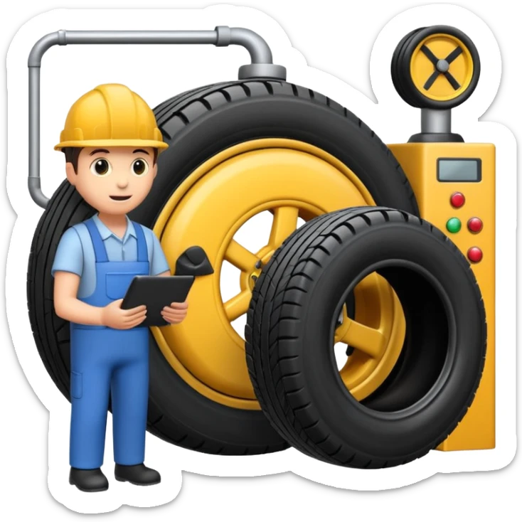 please draw me a emoji of tire - inside the manufacturing factory - getting inspected by machine not the human - the machins is checking uniformity - machine is complicated  sticker