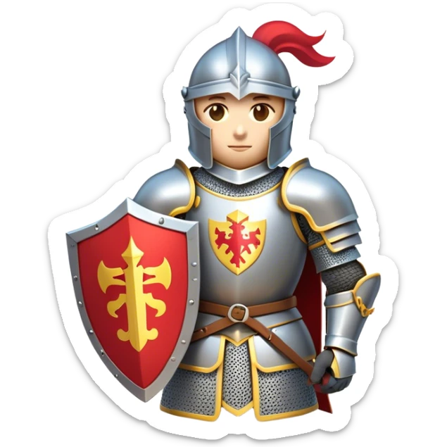 Clash of Clans aesthetic: Cinematic heroic Armored Knight Hero close up Emoji, rendered in a 3D vector-style similar to standard emojis with minimal shading and bold, simplified shapes. A compact, isometric warrior clad in gleaming plate armor with intricate heraldic details, softly glowing with a chivalrous medieval charm. Simplified yet unmistakably iconic, highly detailed and consistent, glowing with a soft radiant shine and high polish. Stylized with a touch of noble valor and a soft glowing outline, wearing a full face helm so that no face is visible with only eyes visible, capturing the essence of a gallant knight ready for honorable battle with a friendly, playful manner! sticker