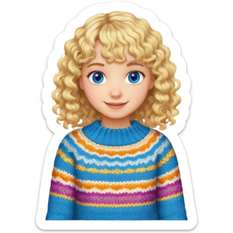 smiling girl with curly blonde hair and bangs, blue eyes with brushes and colourful  knitted sweater sticker