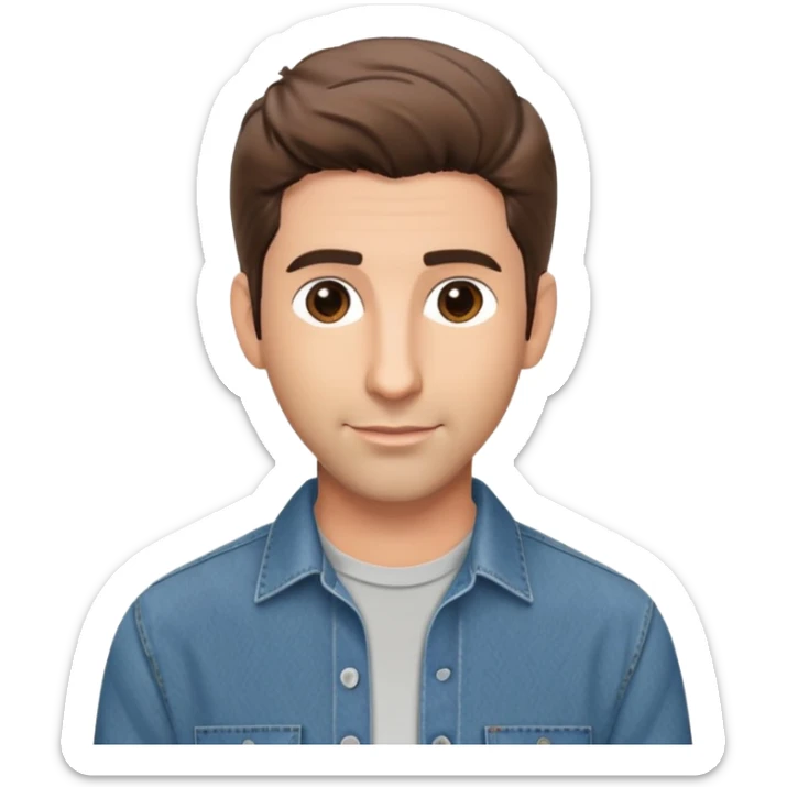 handsome Ross Geller from Friends TV show with well-styled brown hair and attractive features in casual clothes, button-up shirt and jeans sticker