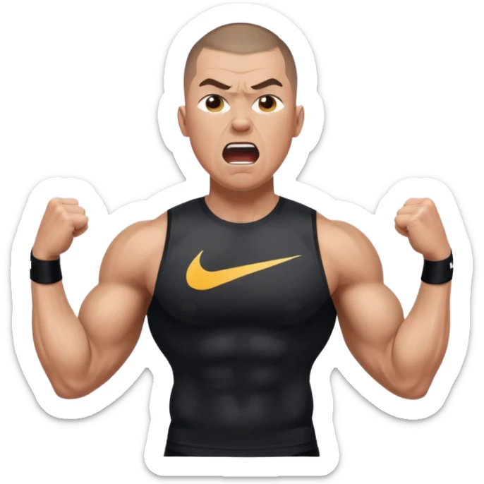 Big muscle man shouting , buzzcut hair, waering compress black shirt nike, and have stream sticker