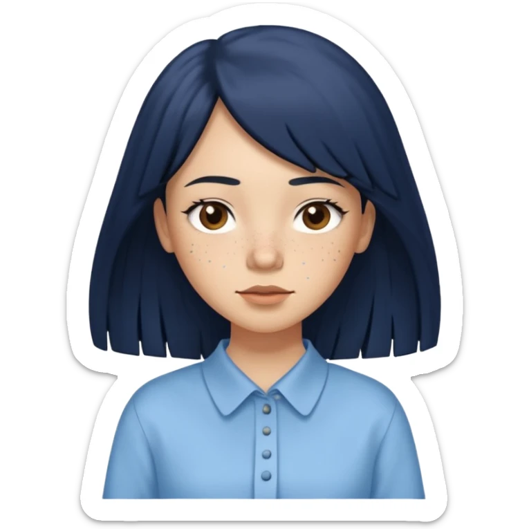 hair : black long hair with fringe 
skin : light with freckle
cloth : oversize light blue shirt + navy long long skirt 
 sticker