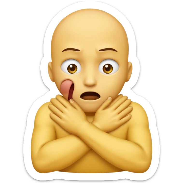 Yellow face emoji strangling itself with 2 arms crossed and hands saround neck and eyes looking up in fear sticker