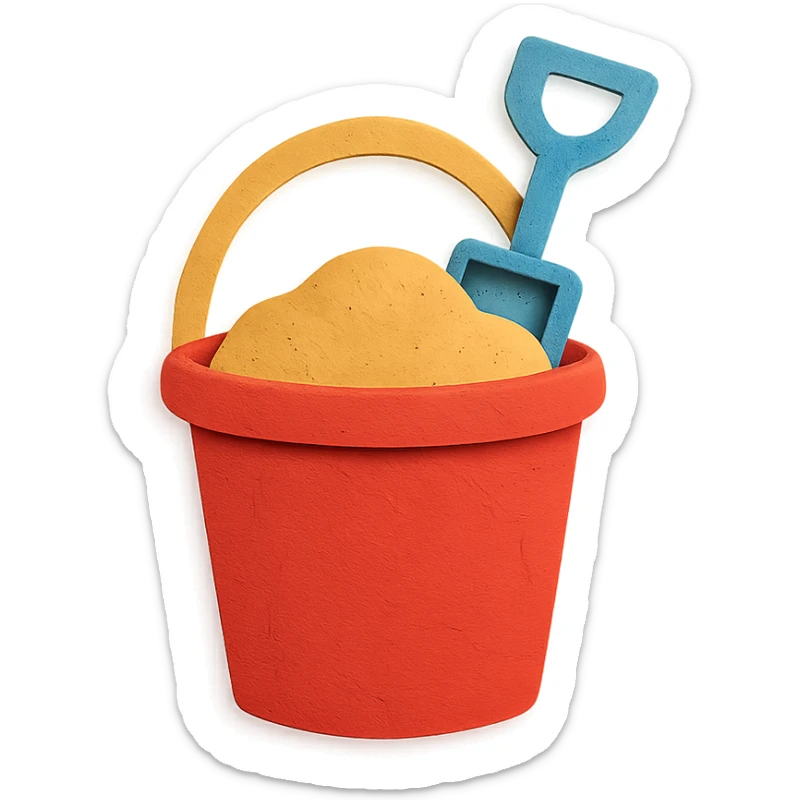 beach bucket and pail with sand and a small shovel, bright colors, in paper-craft style sticker