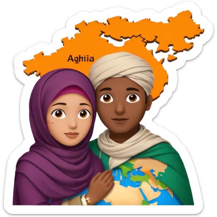 An emotional artistic illustration of an Indian man and an Afghan hijabi girl standing on the maps of India and Afghanistan, symbolically embracing despite the distance, showing love beyond borders. sticker