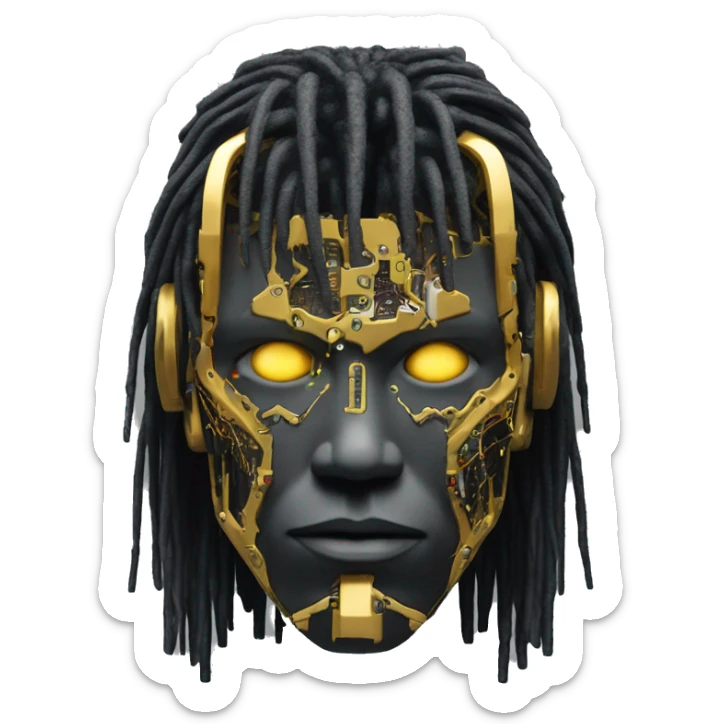black metal male cyborg head with circuitry and wispy yellow gold hair sticker