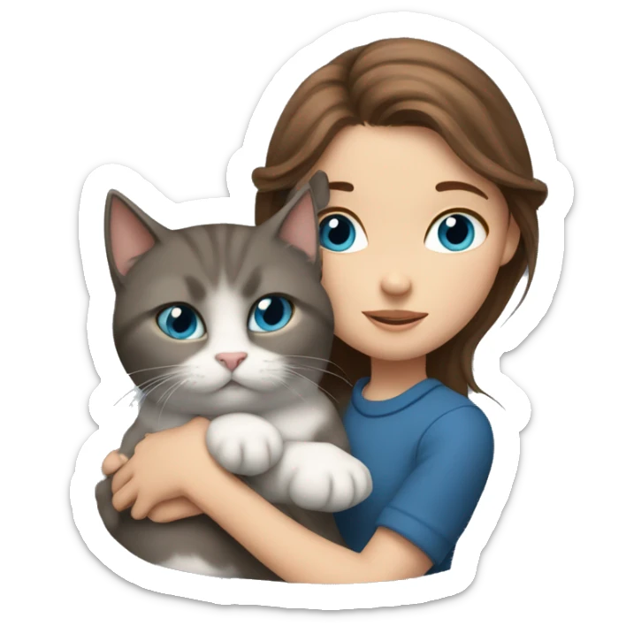 A girl with brown hair and gray-blue eyes hugs a gray Scottish cat sticker