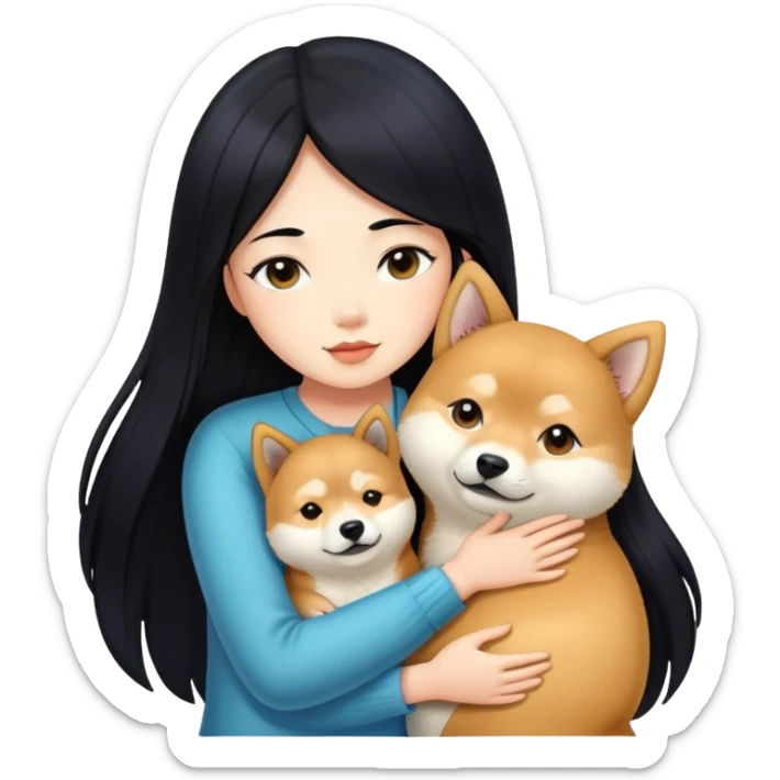 A beautiful girl with long black hair hugs a Shiba Lnu sticker