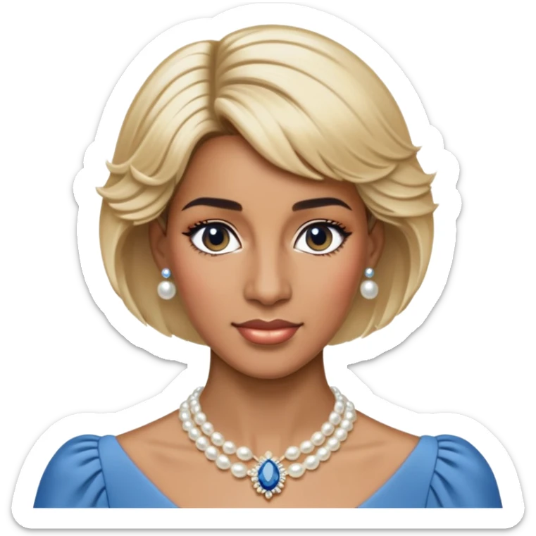 black woman with Princess Diana's iconic short blonde hairstyle, pearl necklace, and elegant blue dress sticker