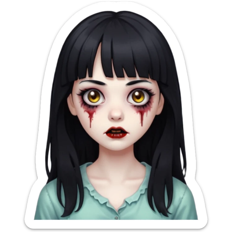 Zombie girl, black hair with bangs, slightly wavy, very long hair,long eyelashes, black eyes,iOS style sticker