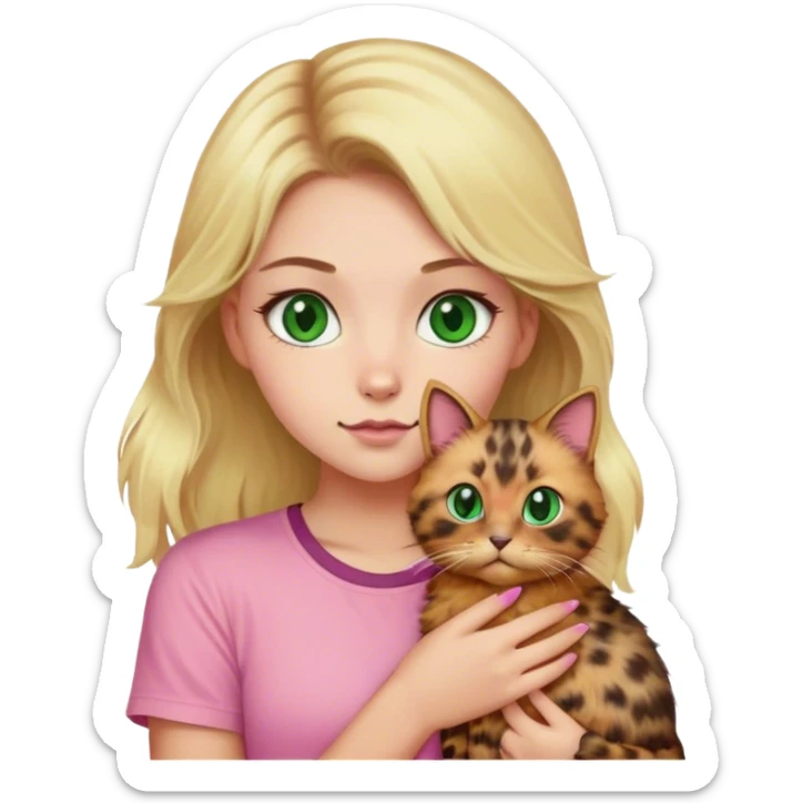 A blonde girl with green eyes and a pink shirt is holding a fluffy tortoiseshell cat sticker