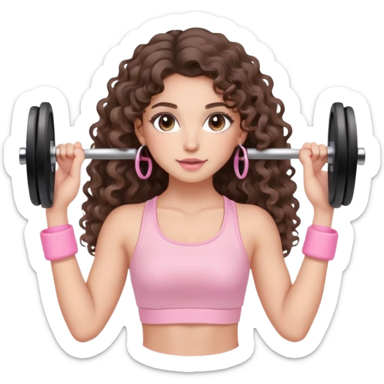 cute balayage brunette long hair curly/wavy haired girl, hoop earrings, clean girl makeup DOING EXERCISE with weights with a cute pastel pink set sticker
