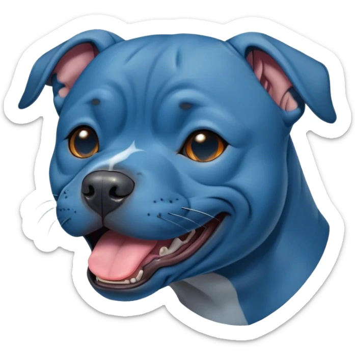 Cinematic Cute Yawning Blue Staffordshire Bull Terrier Portrait Emoji, Head tilted slightly with a dramatic, wide-open yawn, showcasing a smooth blue Fur with a refined texture, floppy ears slightly drooping, round dark eyes barely open in drowsy contentment, Simplified yet irresistibly adorable features, highly detailed, glowing with a soft, cozy glow, high shine, relaxed yet expressive, stylized with a touch of whimsy, bright and endearing, soft glowing outline, capturing the essence of a sleepy yet affectionate guardian, so drowsy it feels like it could stretch right out of the screen and curl up for a nap! sticker
