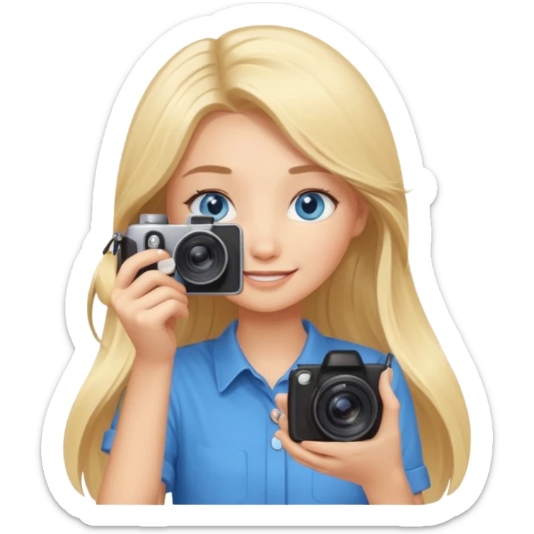  blue eyes blonde girl photographer cartoon taking picture in middle of taking picture camera in front of face long hair smiling funny flash professional, camera in front of face sticker