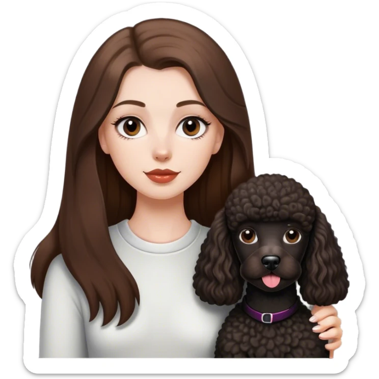 a white girl with straight long brown hair and a black french poodle dog sticker