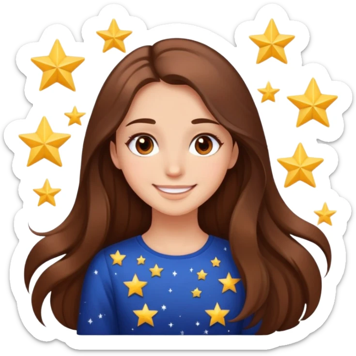 girl with long brown hair, stars in her eyes, brown eyes, beautiful smile  sticker