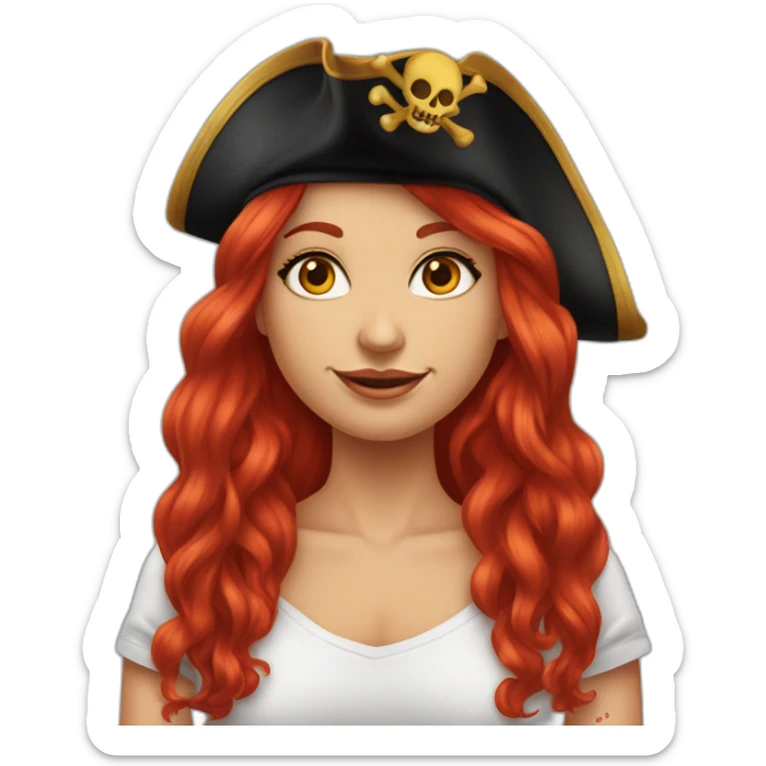 Woman long red hair. Hair hanging to one side only and hairstlye is a single platt, tattoo on side of head.  pirate hat. skull and crossbones t shirt sticker
