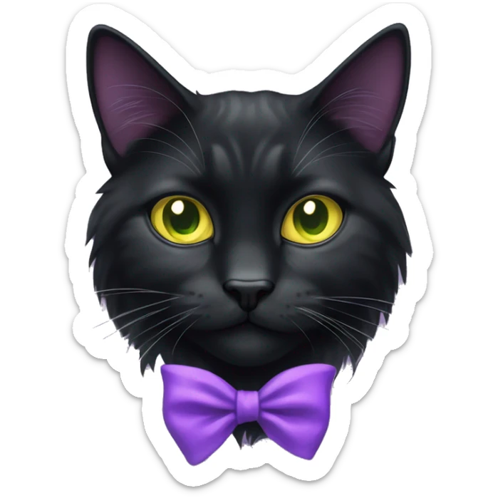 Black Long hair cat with slight white markings on chest and bright greenish yellow eyes with a purple bow by the left ear  sticker