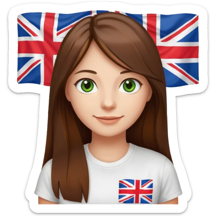 Una chica con pelo liso, largo y marrón. Ojos verdes, camiseta blanca con una bandera de Reino Unido. sticker