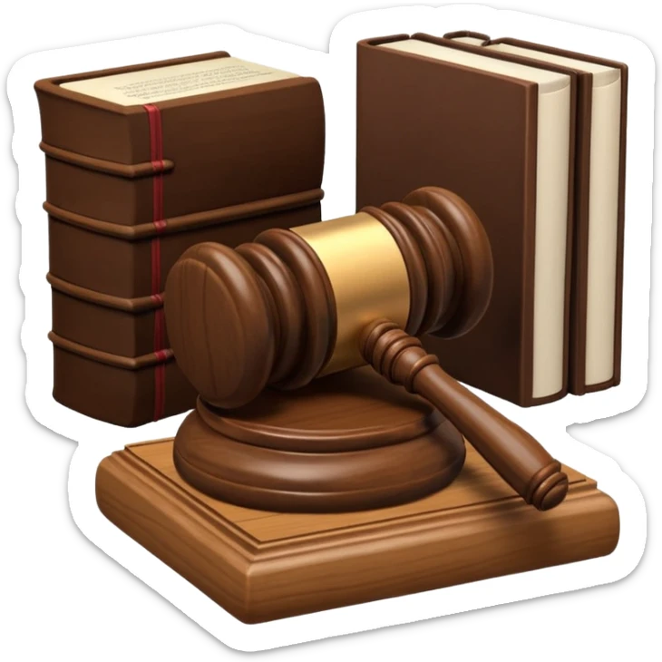 A 3D cartoon judge’s gavel resting on a block beside law books, warm wooden background, realistic Memoji-style rendering. sticker
