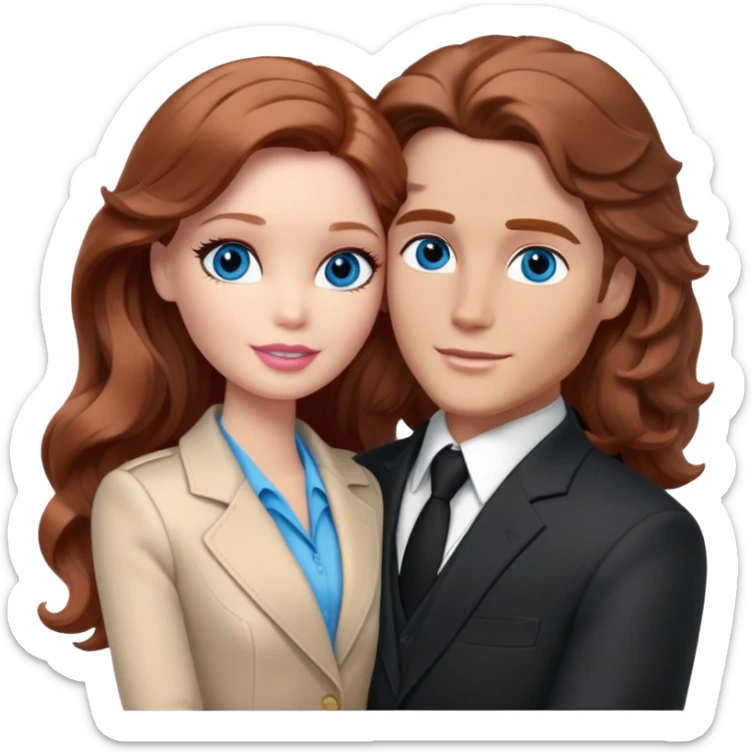 Barbie girl  , eyes blue , Chestnut red long wavy hair In pale beige clothes, Hugs a man with brown hair, brown eyes , and a black suit sticker