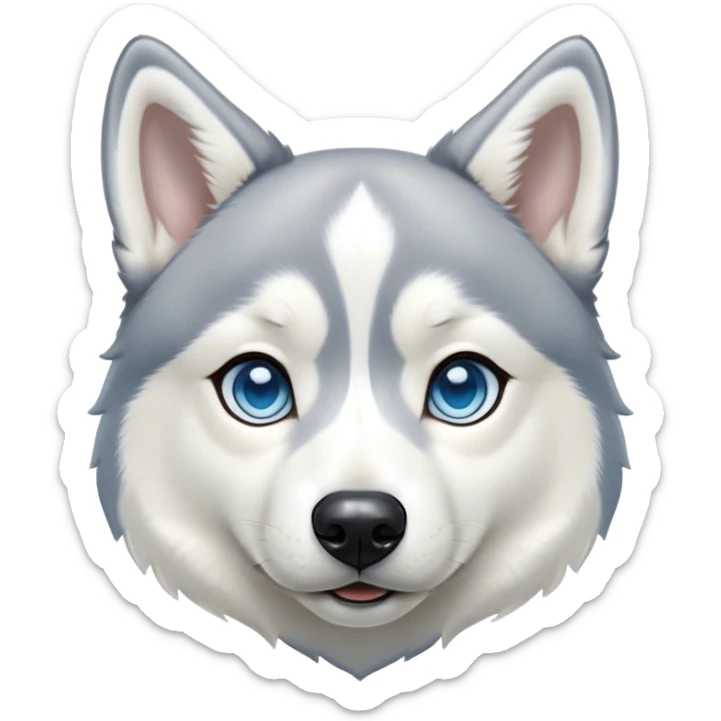 Cinematic Cute Siberian Husky Portrait Emoji, Head tilted playfully and inquisitively, featuring a lush grey and white coat with striking accents, round, sparkling icy blue eyes filled with curiosity, Simplified yet irresistibly adorable features, highly detailed, glowing with a crisp, friendly glow, high shine, affectionate and lively, stylized with a touch of whimsy, bright and endearing, soft glowing outline, capturing the essence of a mischievous yet loving pup, so playful it feels like it could dash out of the screen and into your arms! sticker